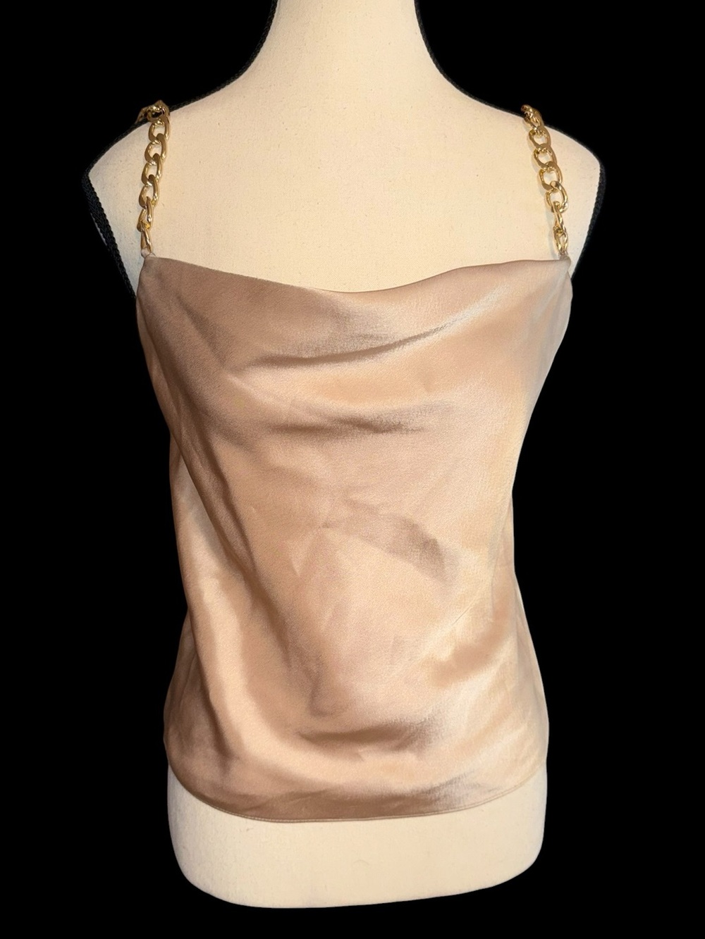 Alice + Olivia XS Champagne Satin Cowl Neck Gold Chain Strap Camisole Top